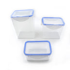 Three different sizes of clear plastic food storage containers stacked neatly.