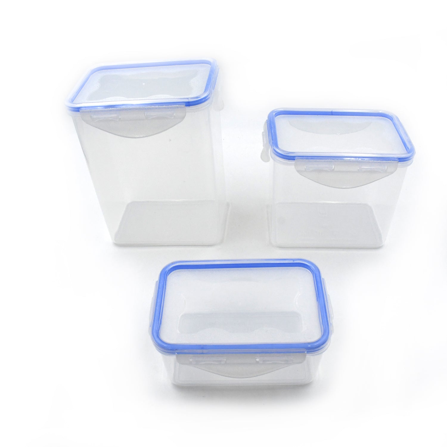 Three different sizes of clear plastic food storage containers stacked neatly.