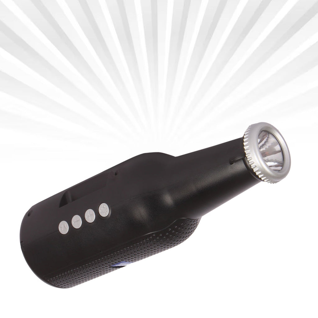 Close-up of the black Audila Bottle Bluetooth Speaker, emphasizing its compact size.