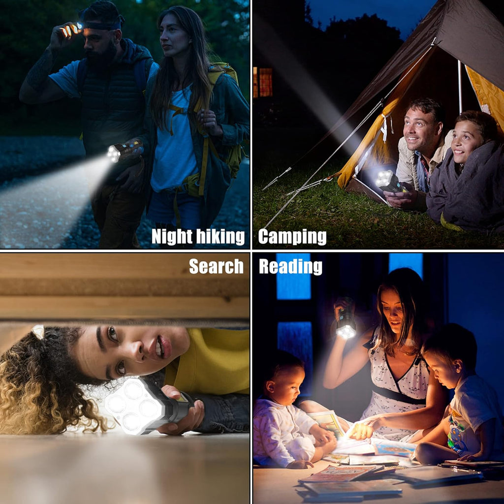 The multifunctional outdoor LED torch showcasing its strong beam and multiple light modes.