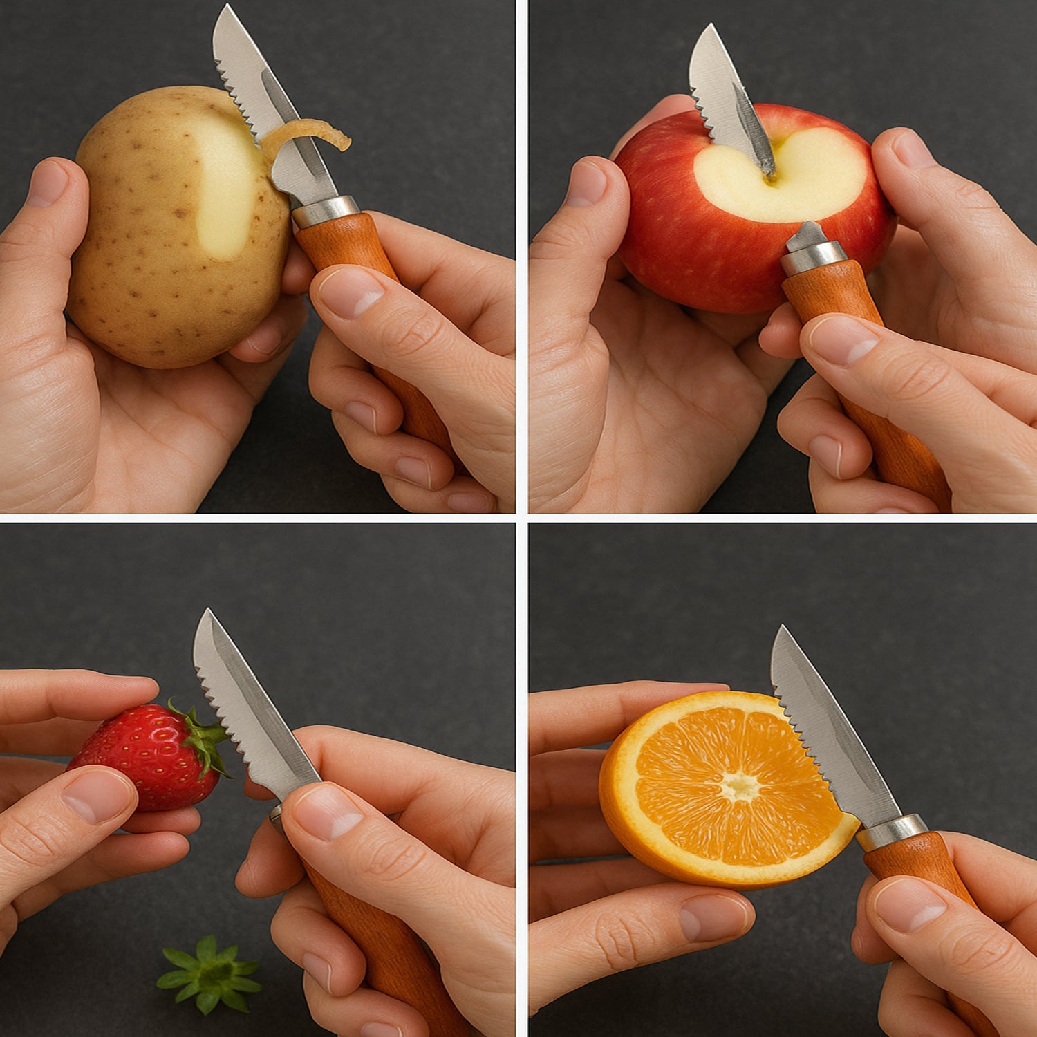 Multipurpose fruit and vegetable peeler with a comfortable wooden grip and sharp blade.