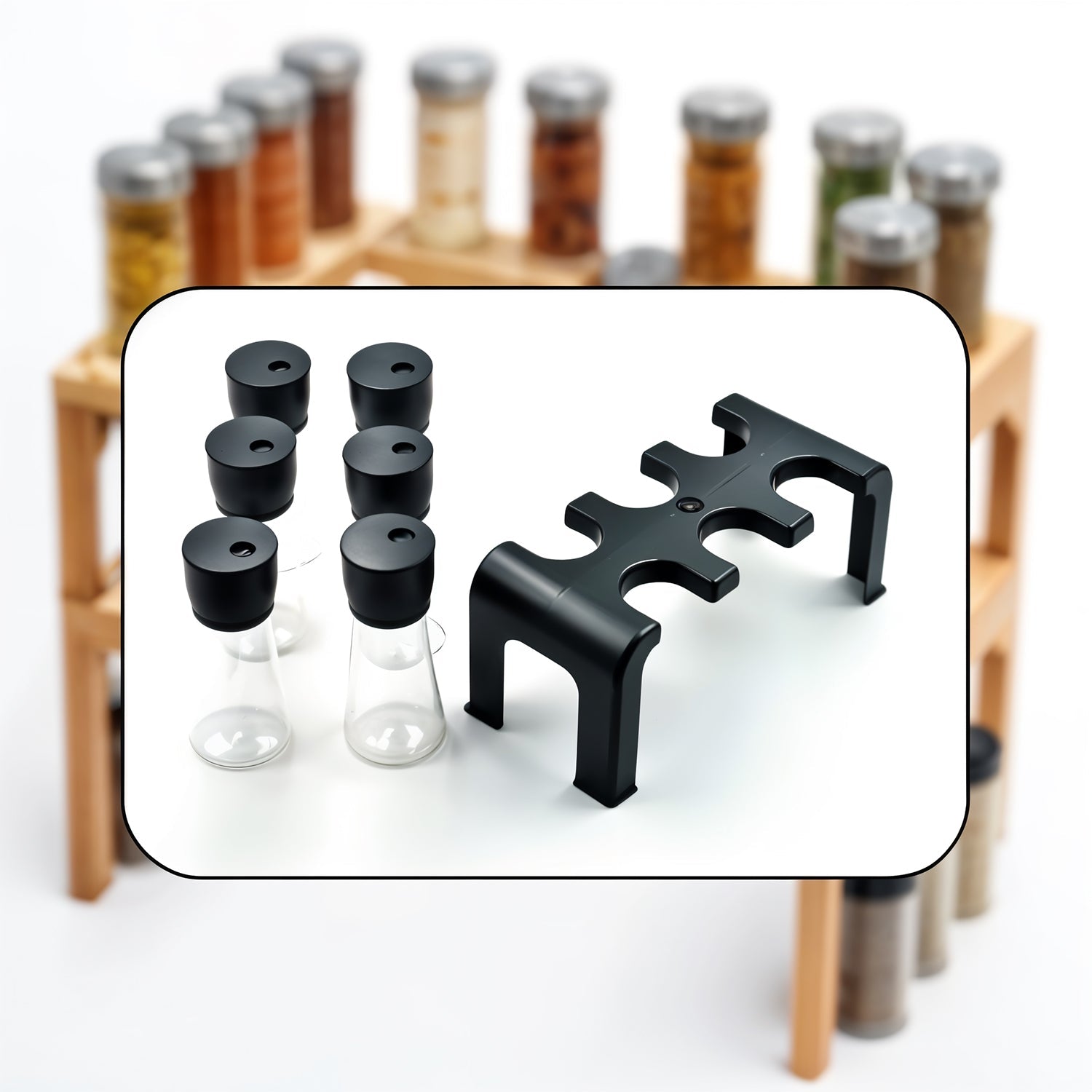 Plastic spice jars with clear bodies and rotating lids on organizer stand