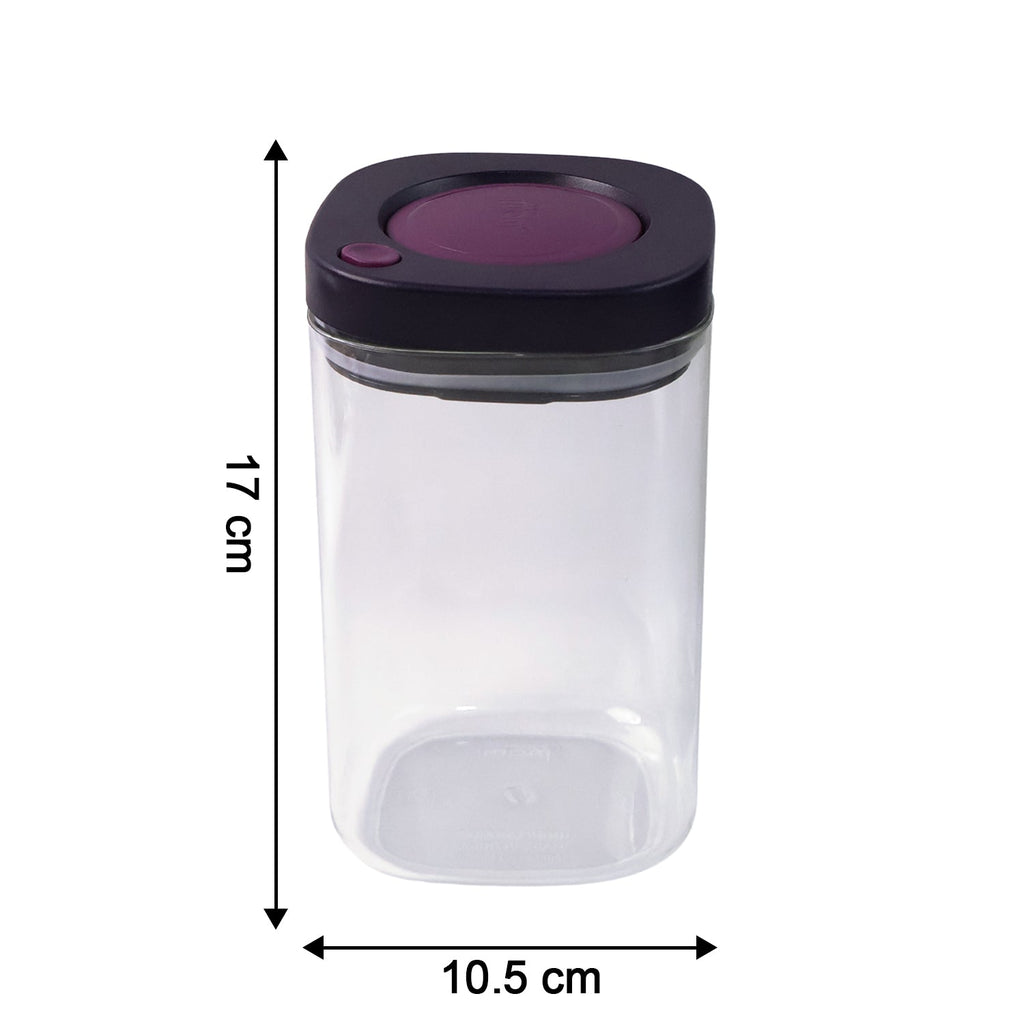 Reusable airtight kitchen jar made from BPA-free plastic with maroon accent lid