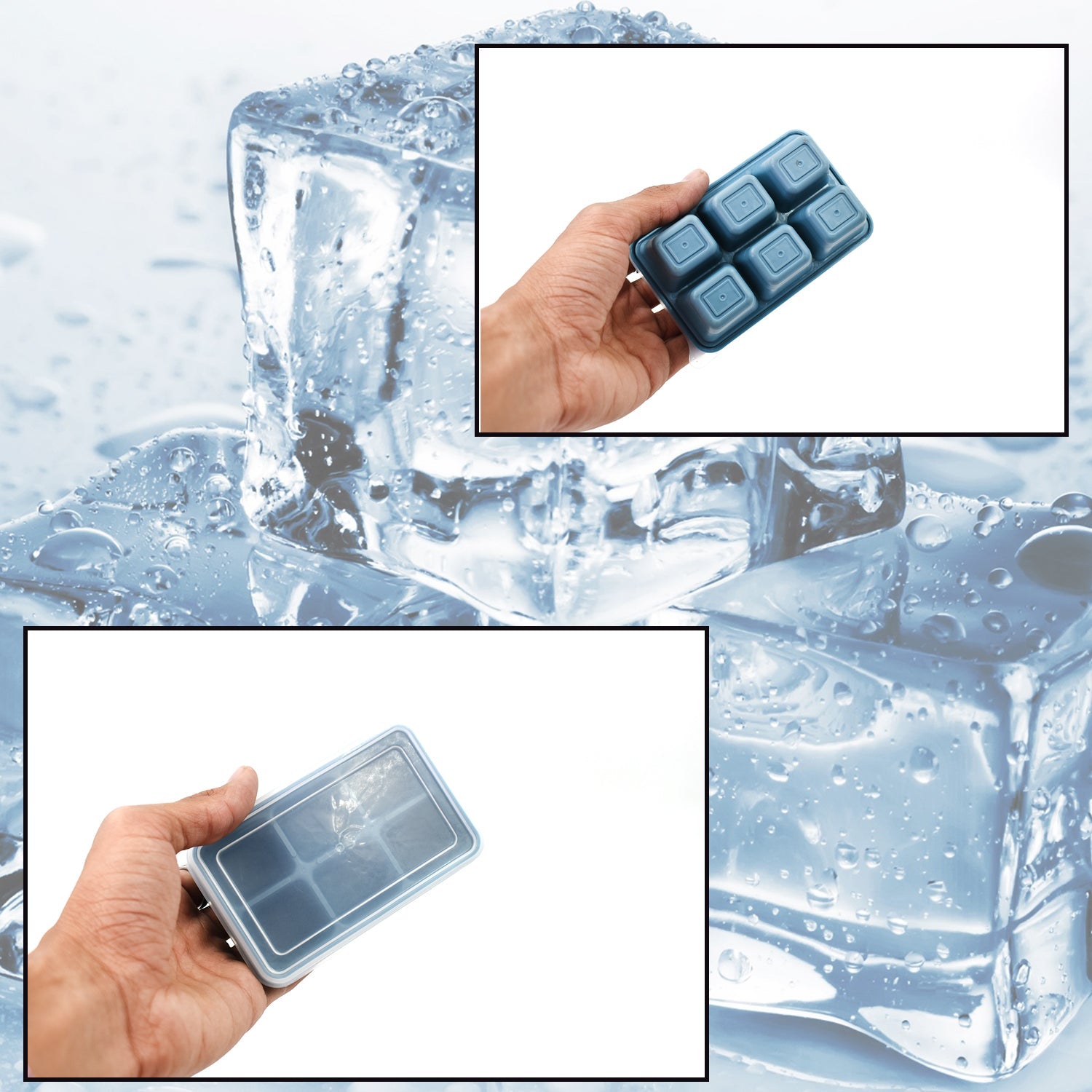 A blue silicone ice tray filled with perfectly formed ice cubes, ready to serve.