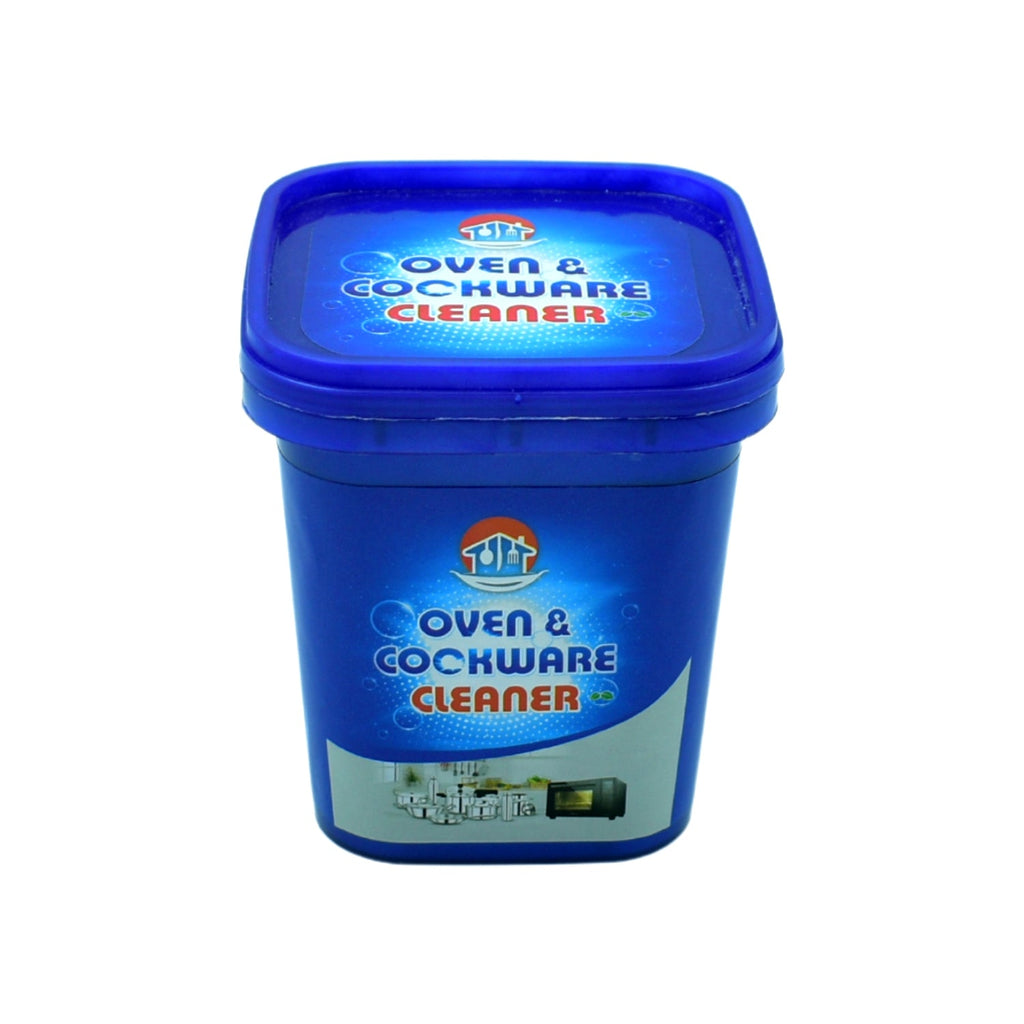 Applying  Oven Cleaner Powder to a stained stainless steel pot for effective cleaning and stain removal.