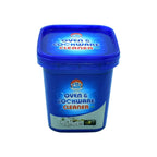 Applying  Oven Cleaner Powder to a stained stainless steel pot for effective cleaning and stain removal.