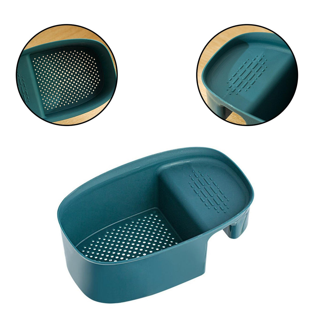 Multi-purpose kitchen sink basket with draining slots for utensils.