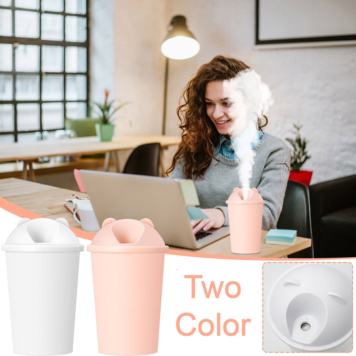 Mini air humidifier cup with USB connection for convenient power on the go.