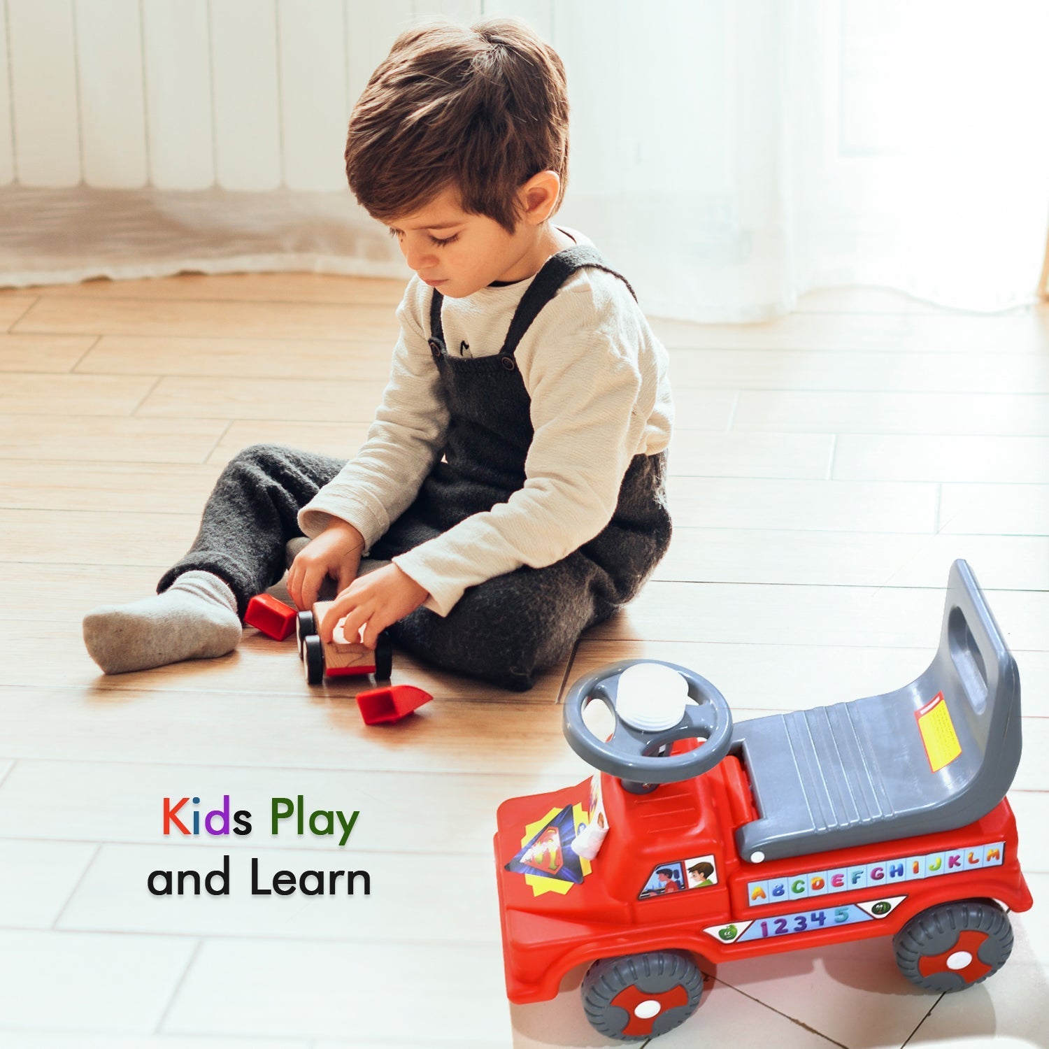 Side view of the kids' ride-on car, highlighting its robust construction.