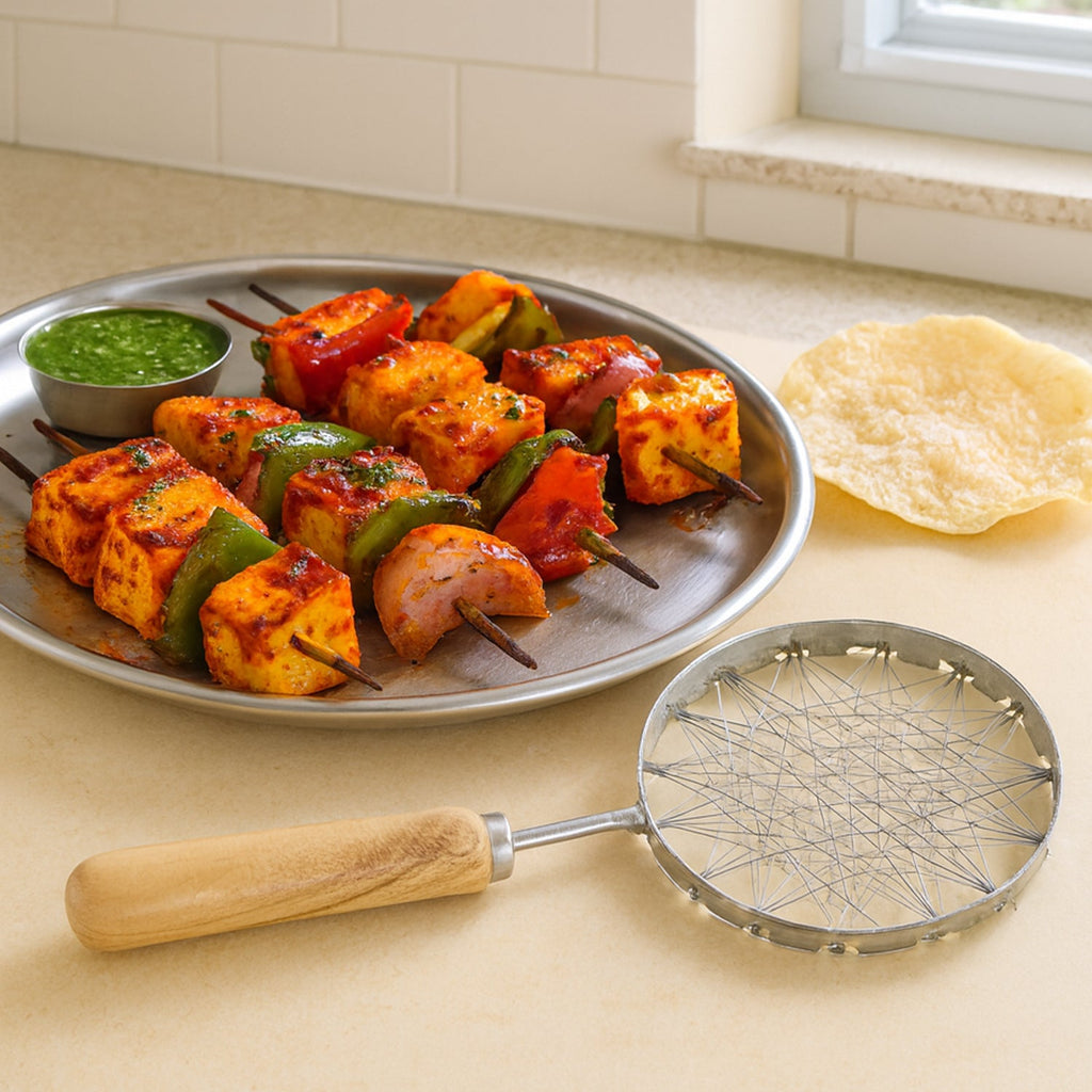 Traditional tandoor style wire skimmer with fine mesh