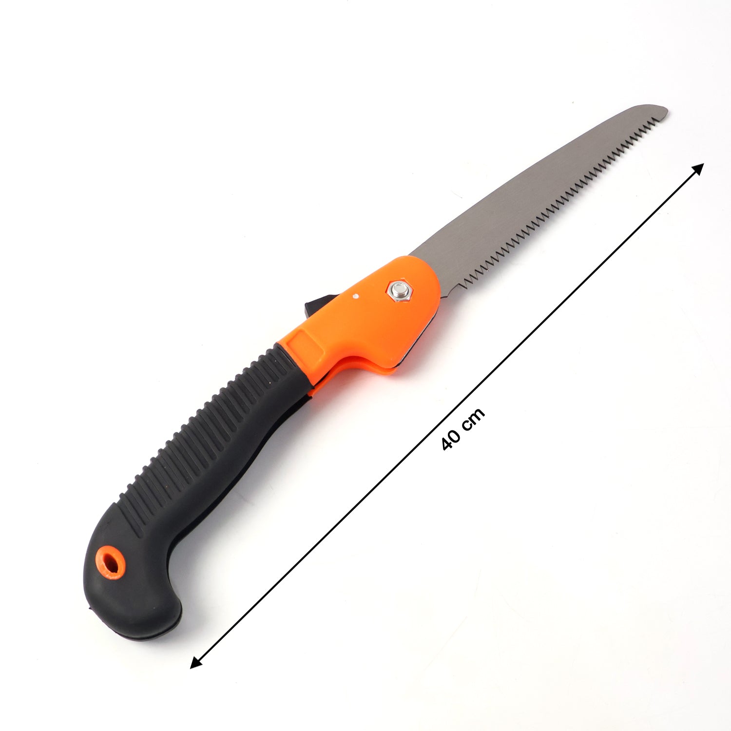 Folded garden hand saw safely stored with blade folded into handle