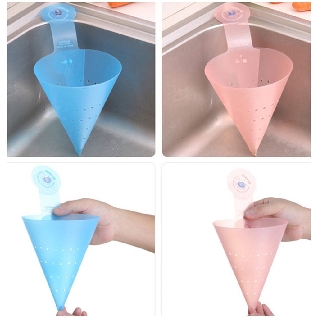 Silicone hanging trash strainer attached inside kitchen sink corner