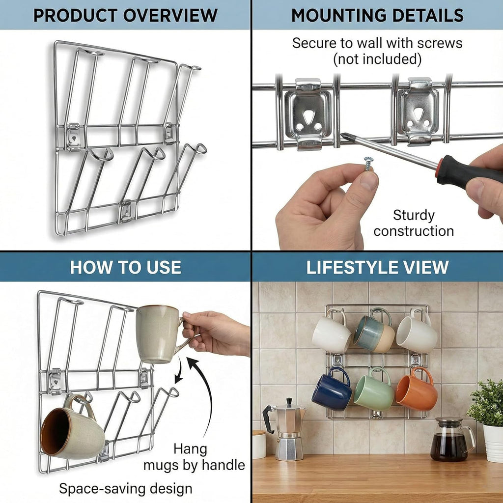 Side view of sturdy stainless steel wall-mounted mug rack