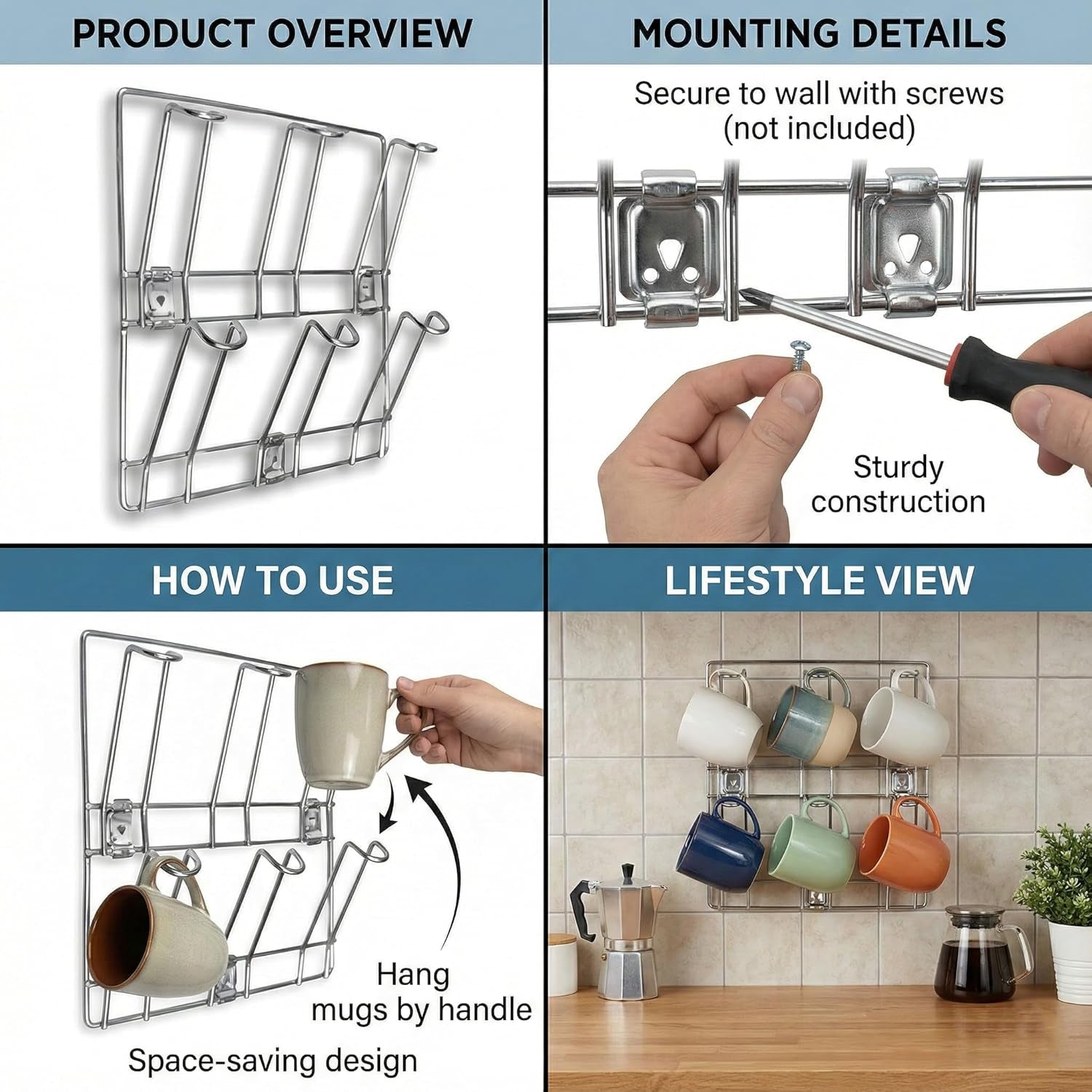 Side view of sturdy stainless steel wall-mounted mug rack