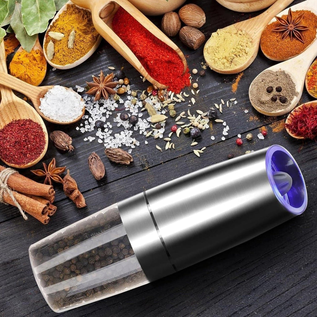 Electric pepper mill showing stainless steel finish and ergonomic design