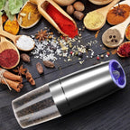 Electric pepper mill showing stainless steel finish and ergonomic design