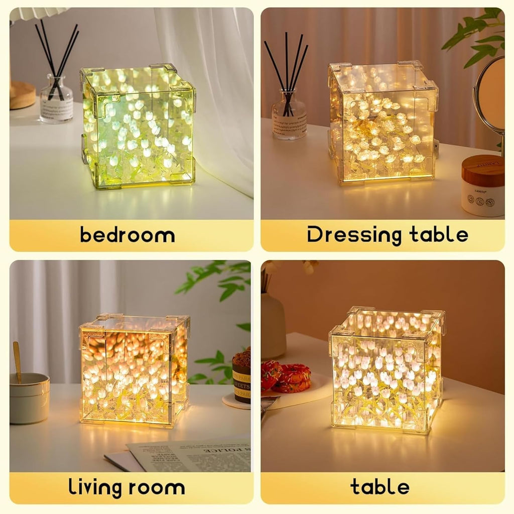 Decorative floral LED cube lamp illuminating bedroom ambience
