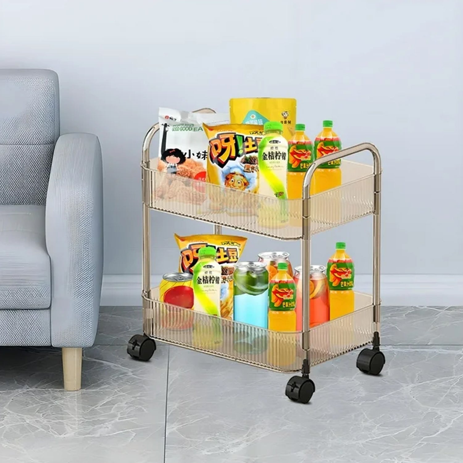 2 Layer Storage Trolley with wheels in kitchen setup, showing compact organizer rack