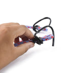 Detail view of the strong plastic clasp hooks attached to the elastic luggage cord.