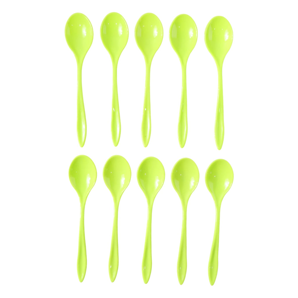 Side profile of a durable plastic spoon, ideal for everyday meals.