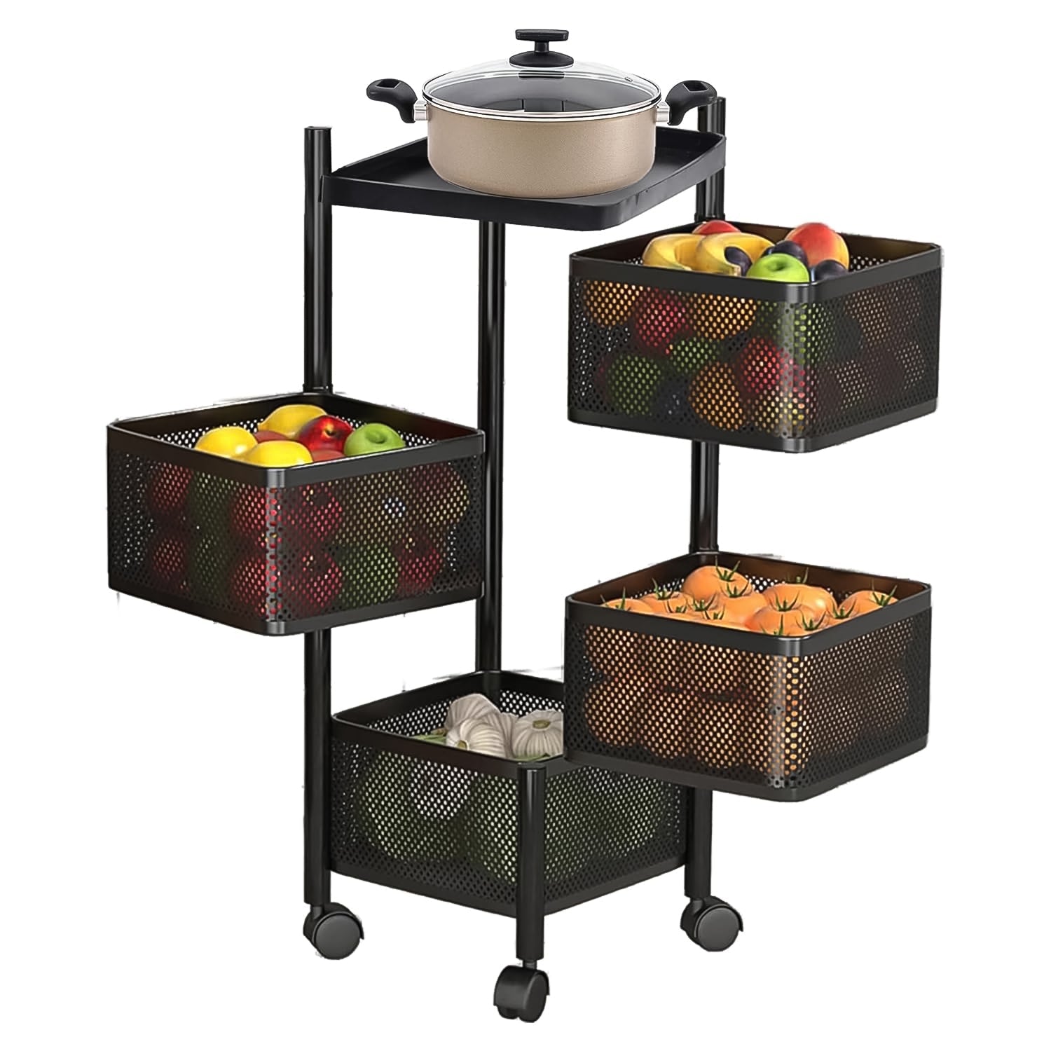 Compact kitchen trolley with ventilated mesh baskets for fresh storage