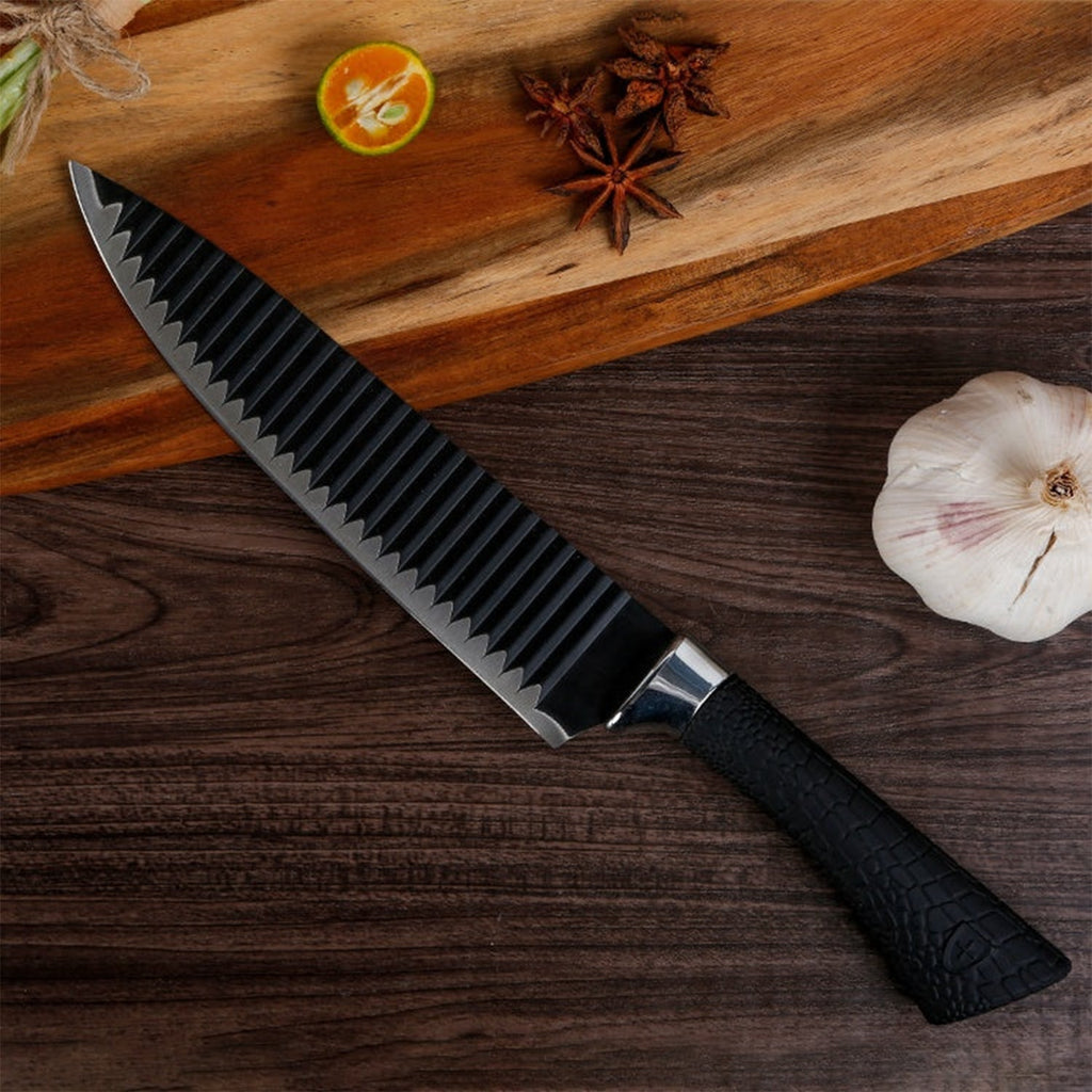 Detailed arrangement of the 6-piece stainless steel knife set with scissors.