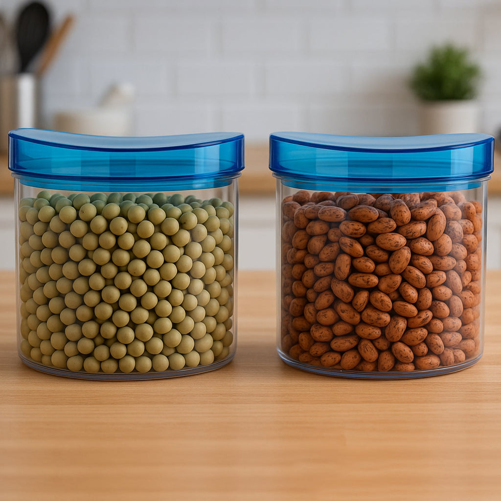 Two clear airtight kitchen jar sets with black lids, perfect for modern kitchen storage.