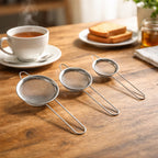 Multiple tea strainers lined up on table