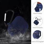 Wireless earbuds protected by the silicone case, demonstrating the secure keychain attachment.