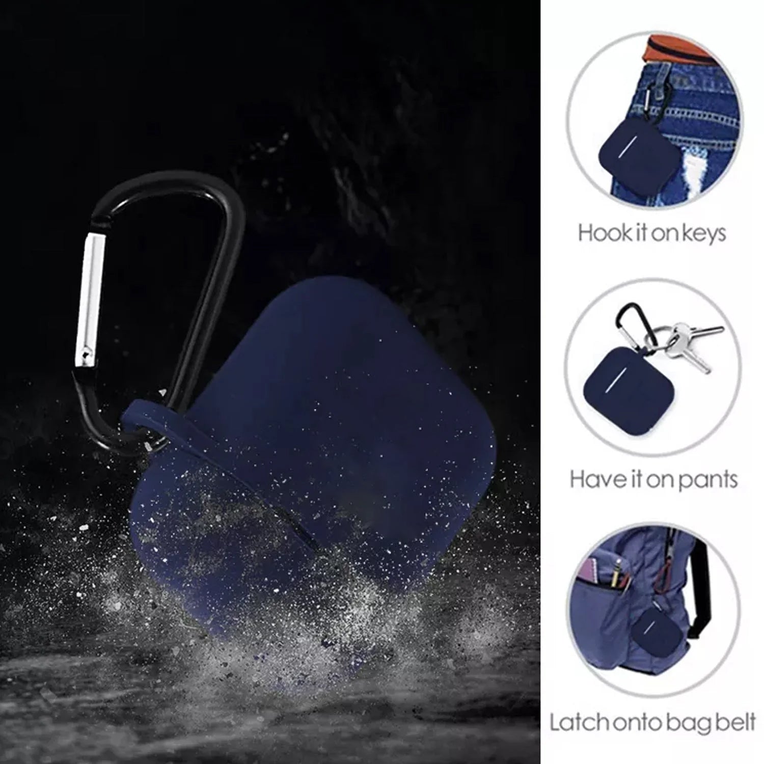 Wireless earbuds protected by the silicone case, demonstrating the secure keychain attachment.