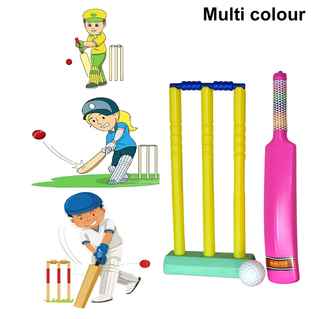 All components of the plastic Kids Cricket Bat Set arranged neatly.