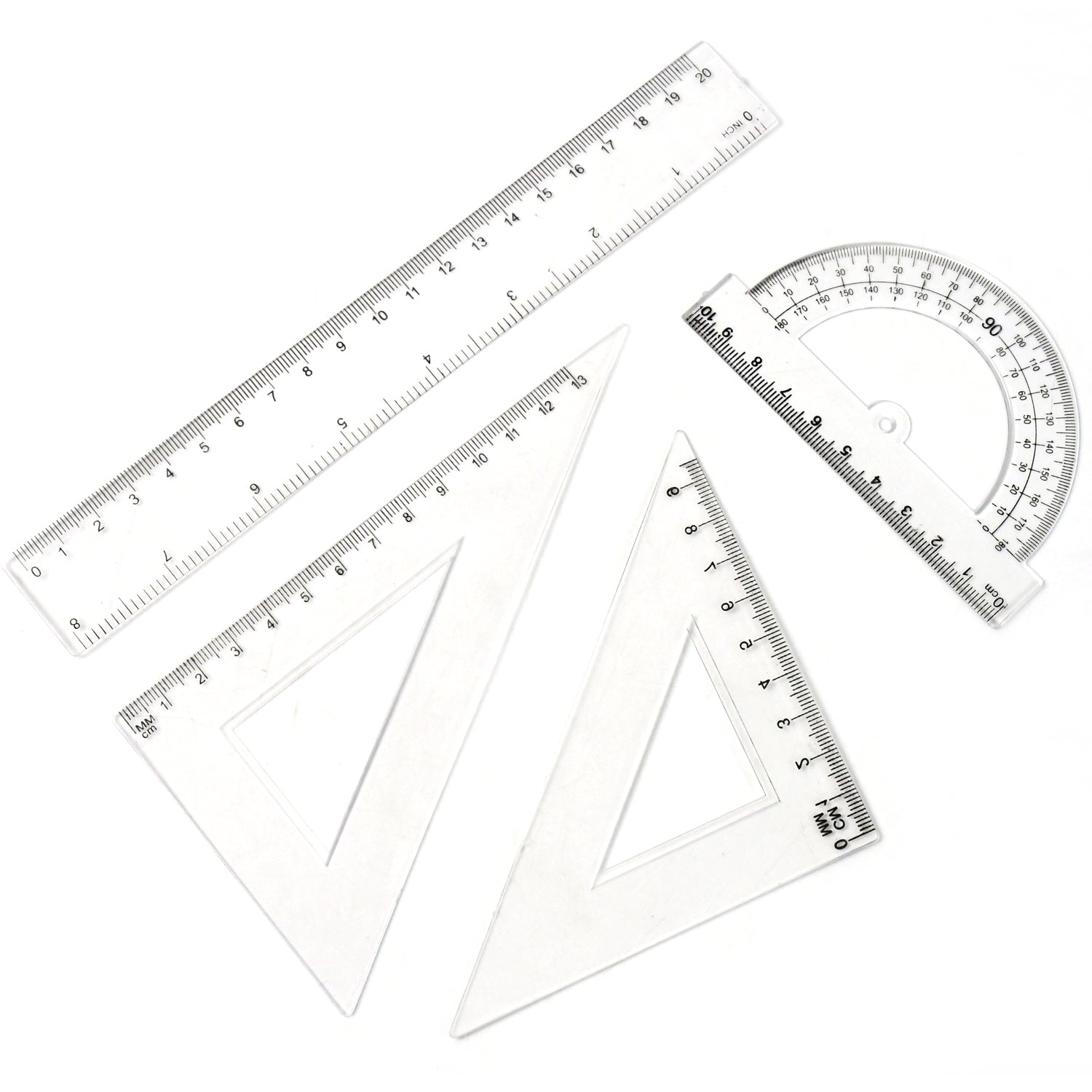 Triangle scale and protractor in clear plastic geometry measurement set
