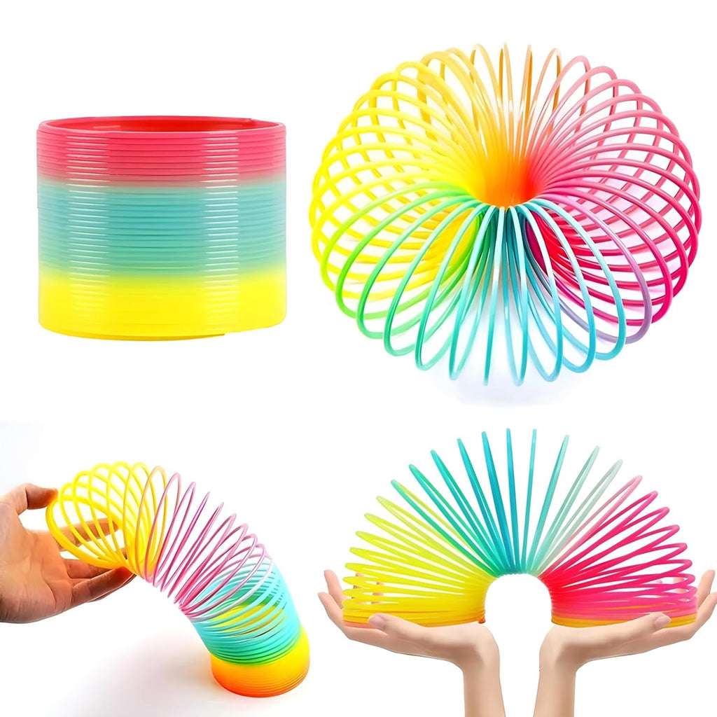 The Rainbow Slinky Toy fully extended, revealing all its vibrant spectrum of colours.