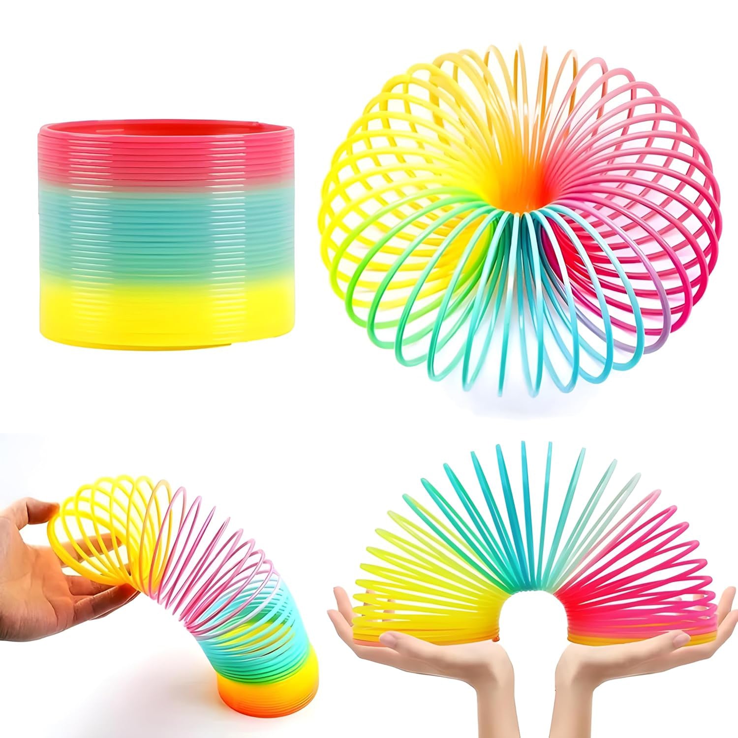 The Rainbow Slinky Toy fully extended, revealing all its vibrant spectrum of colours.