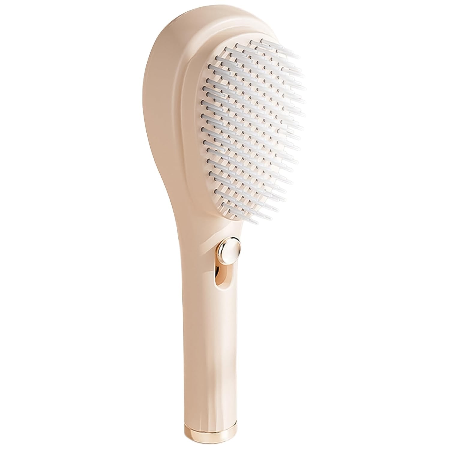 Woman gently using self-cleaning detangling and scalp massage hairbrush