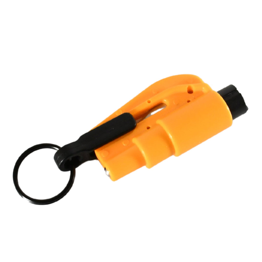 Detail of the heavy-duty glass breaker spike on the safety cutter keychain.