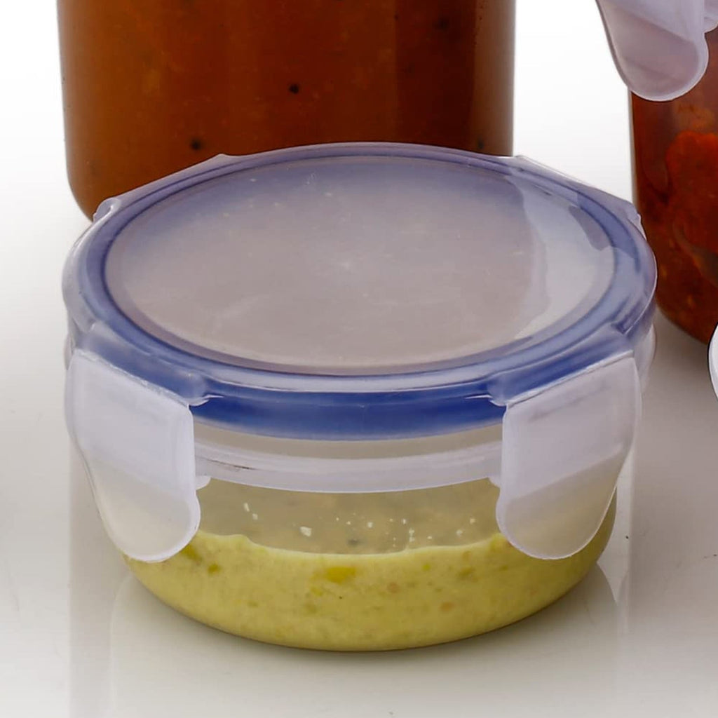 Clear view of a transparent airtight food storage container filled with dry goods.