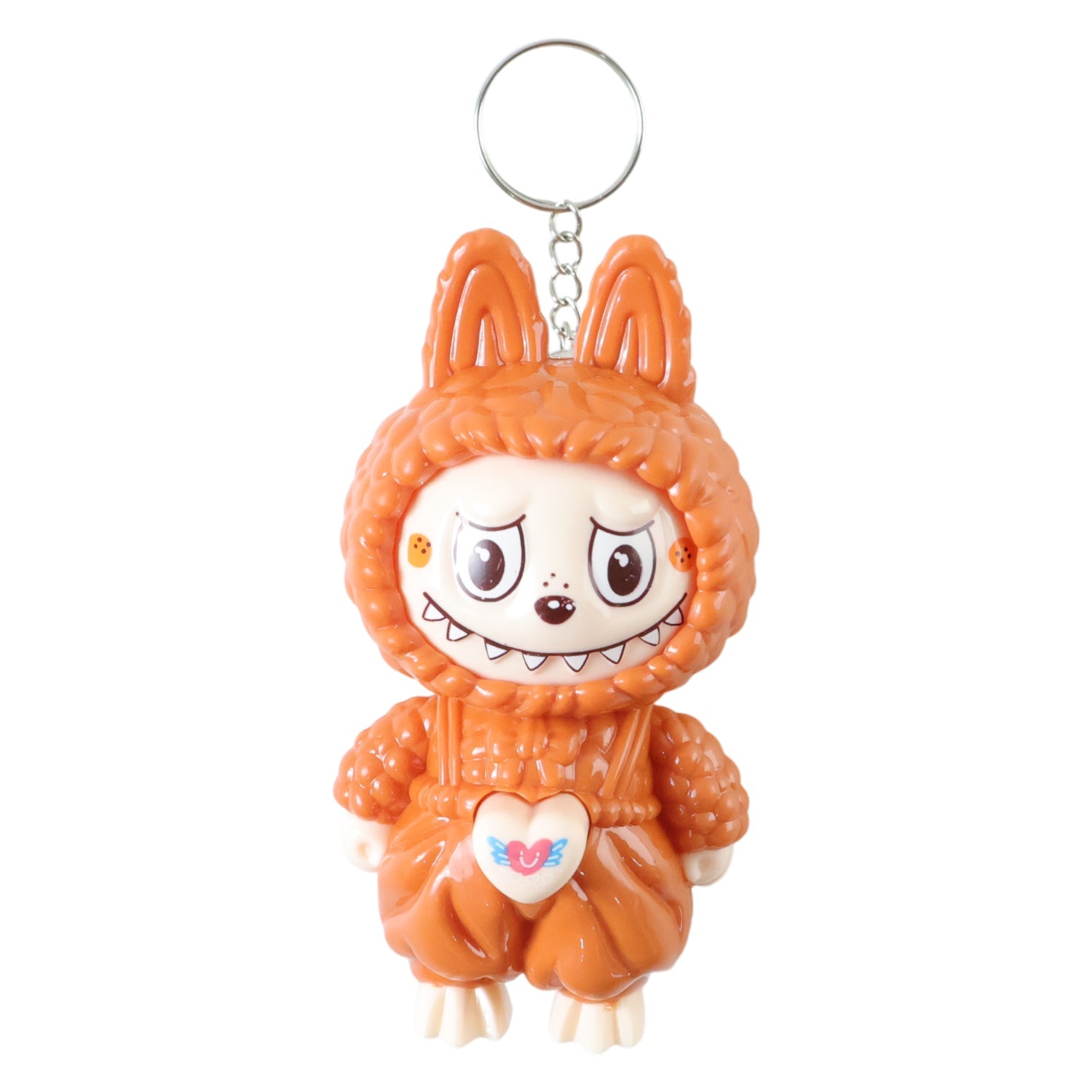 Side view of cartoon character keychain toy attached to keyring