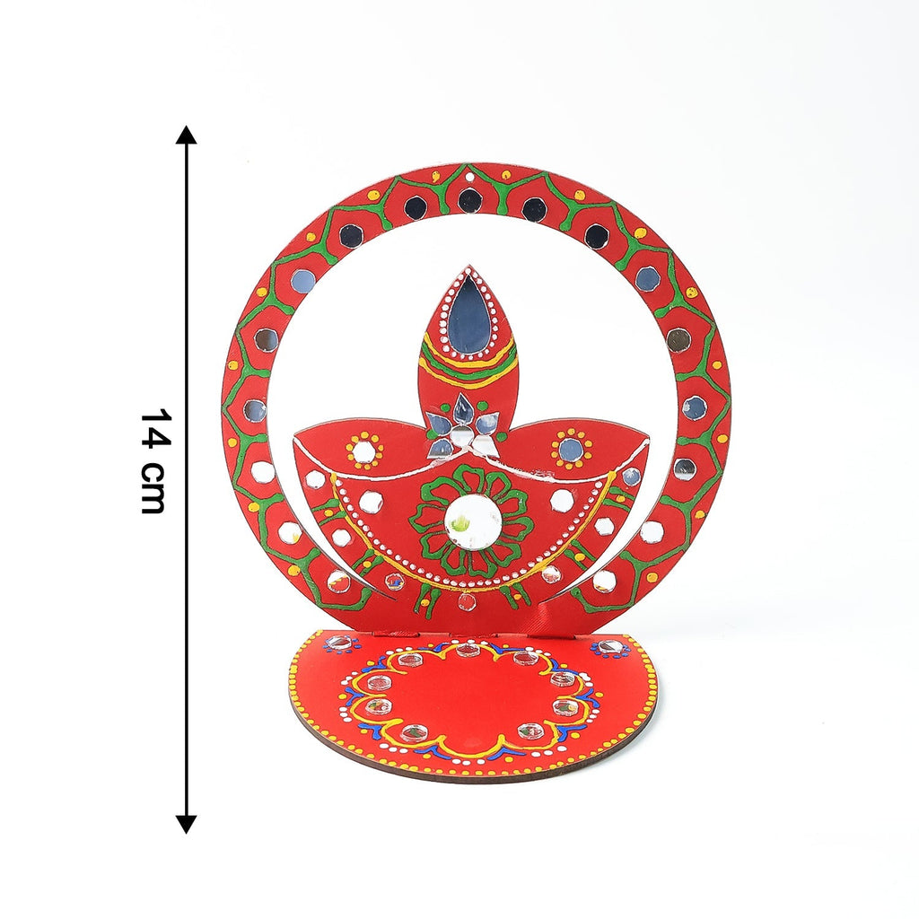 Wooden decorative puja diya stand with circular base for stability
