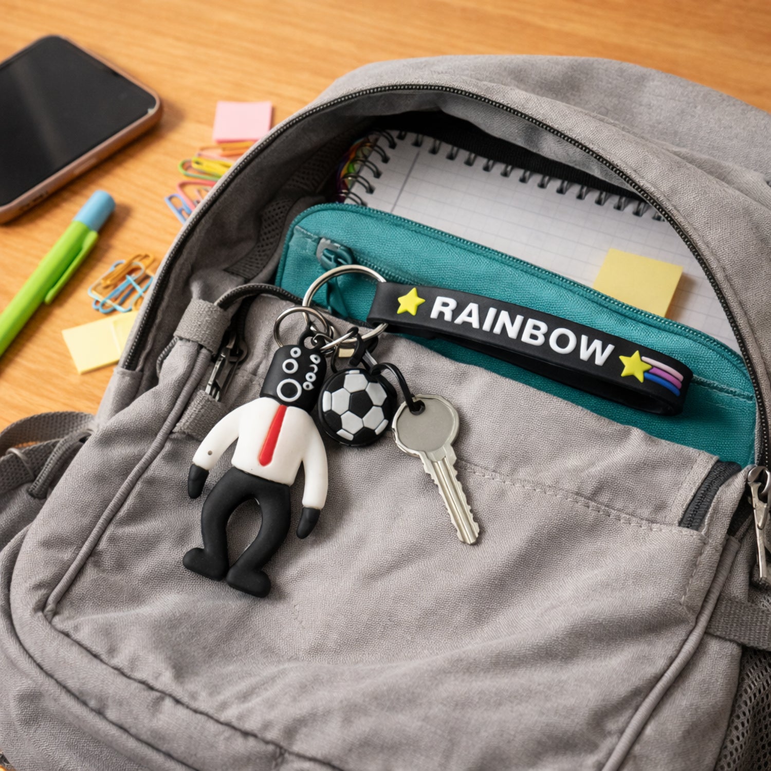 Sporty cartoon football boy keyring with silicone strap for bags and keys