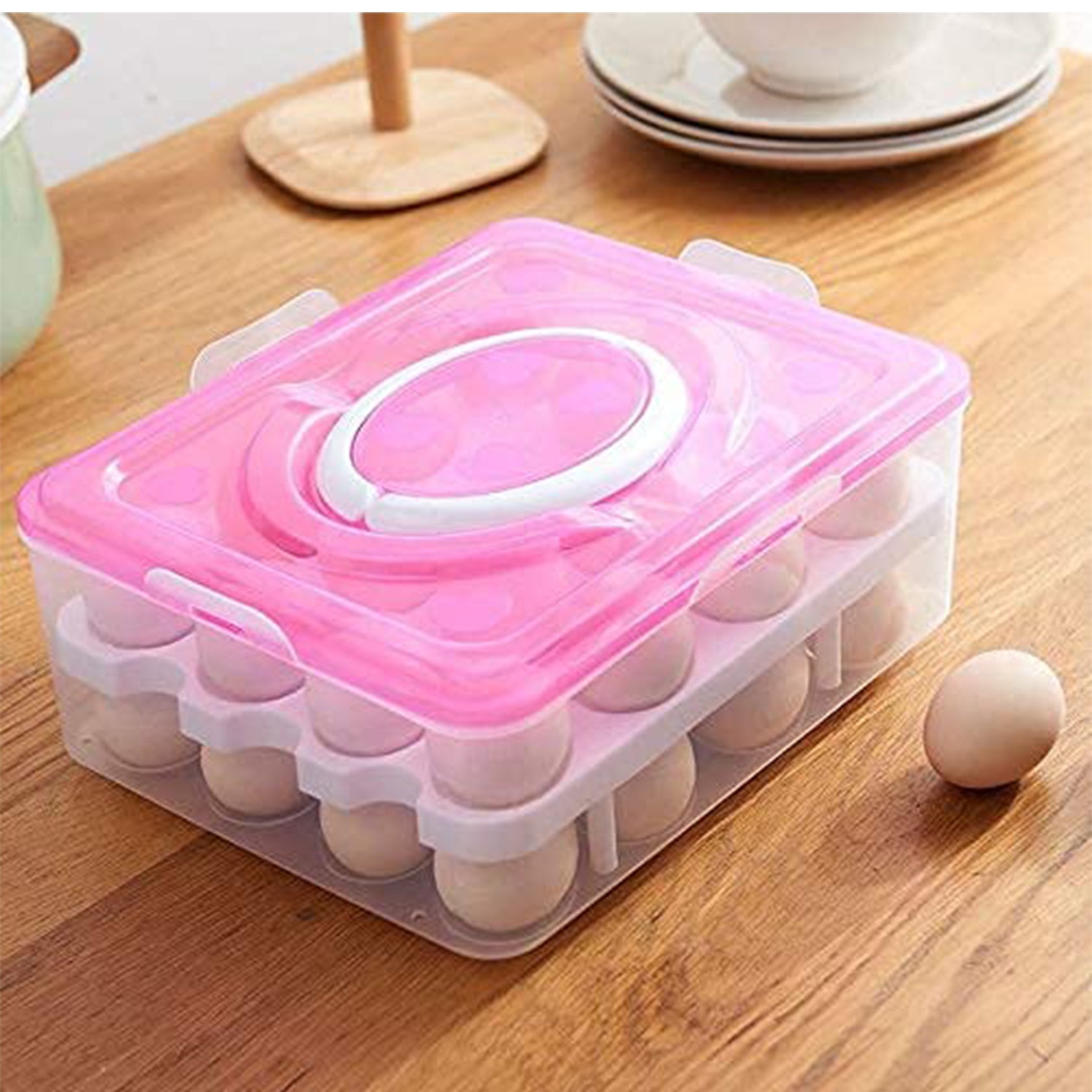 Visual features of egg tray: two layers, handle, lid, and grid layout