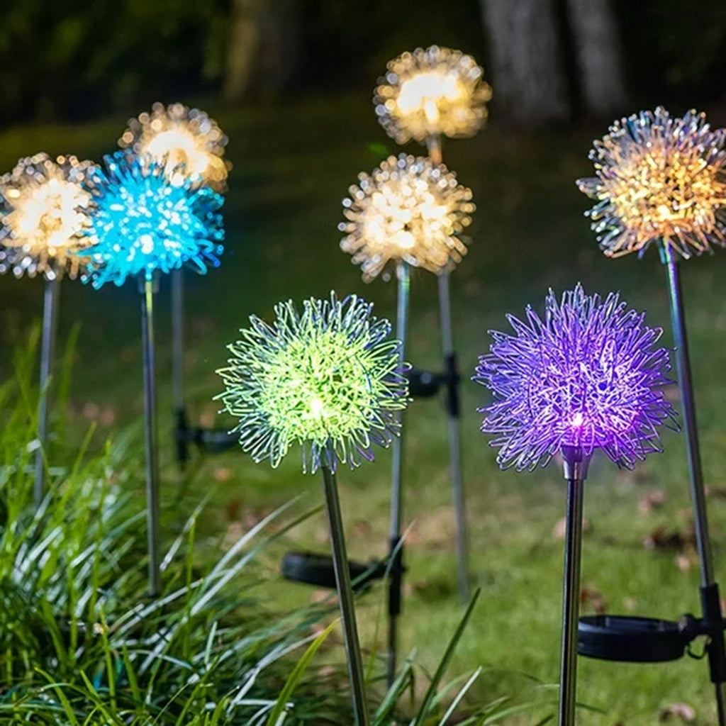 Dandelion style solar garden lights planted in outdoor yard shining bright