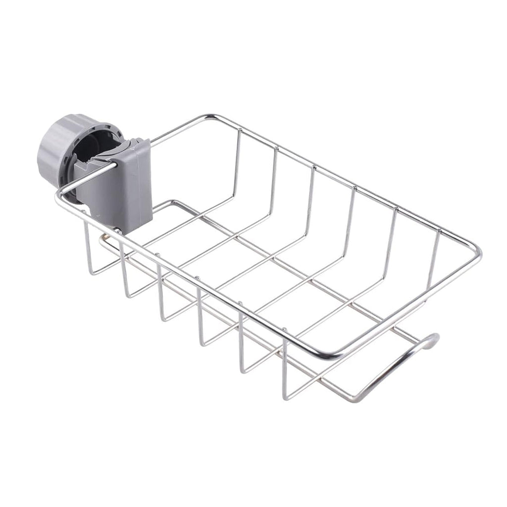 Close-up of adjustable clamp on stainless steel sink caddy organizer