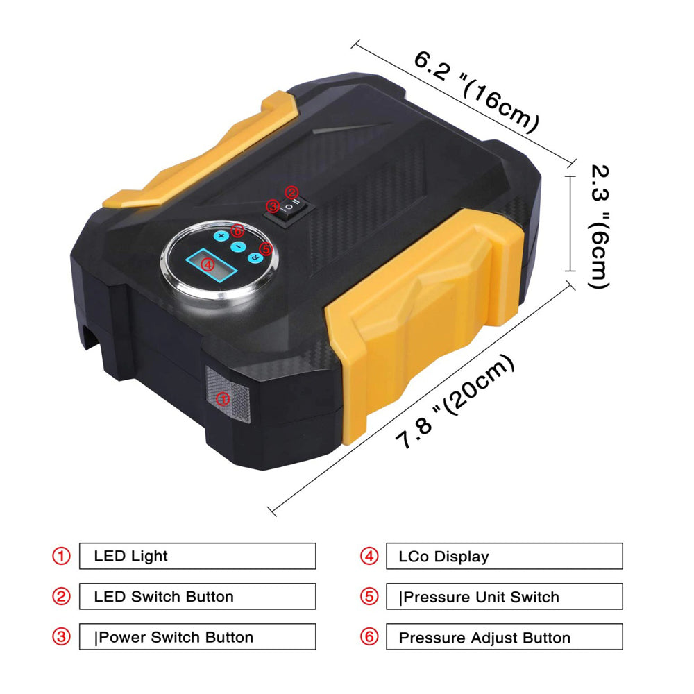 Handheld digital air pump for car and bike tyre maintenance.