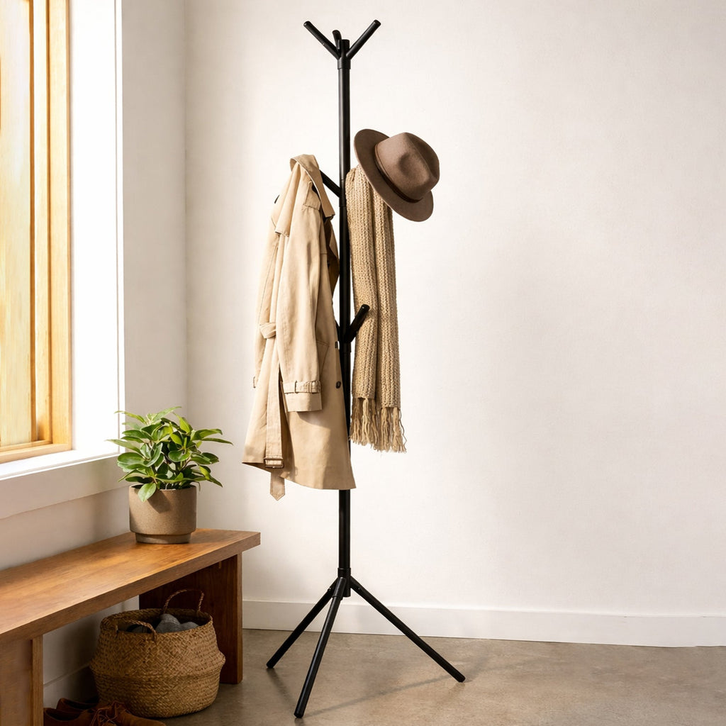 Metal coat rack stand showing black finish and multiple hanging hooks