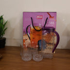 BPA-free plastic water pitcher with diamond-cut texture and four glasses