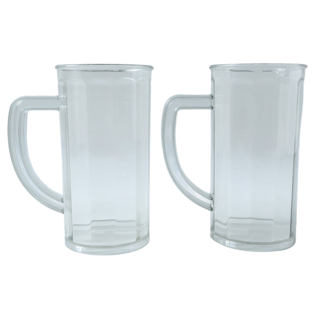Close-up of transparent plastic drink mug with comfortable handle