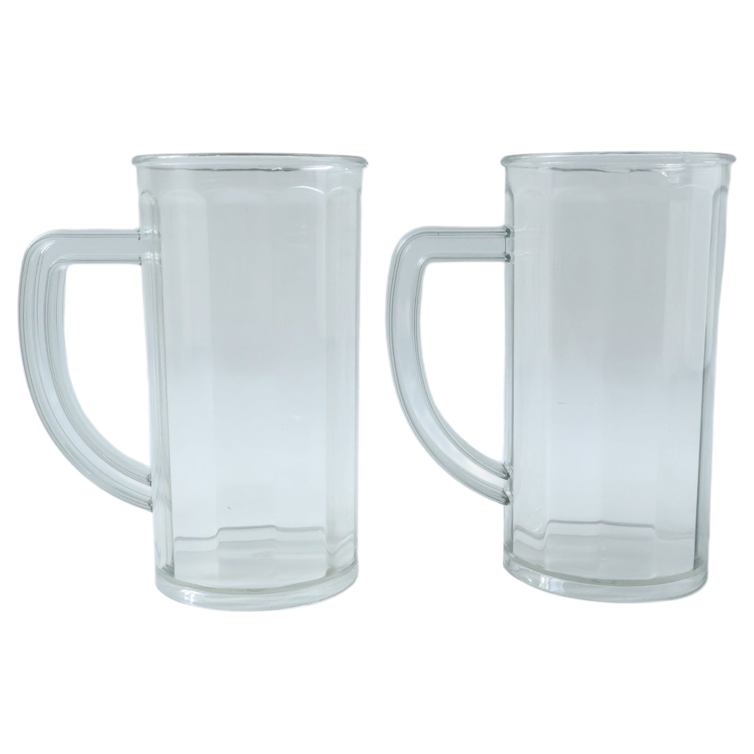Close-up of transparent plastic drink mug with comfortable handle