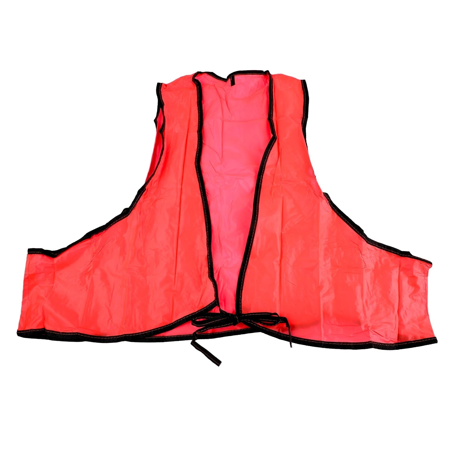 A high visibility safety vest laid flat, showcasing its full design and the bright yellow PVC material.
