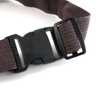 Brown canvas waist bag showing detailed zipper and leather accents